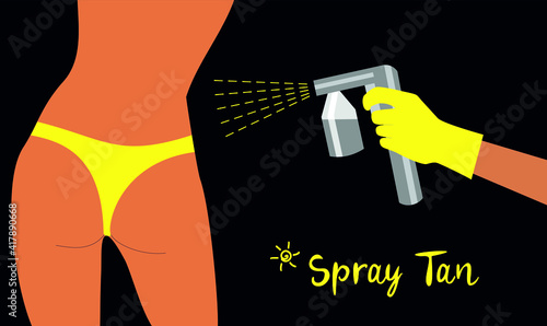 Hand in a yellow glove with a gray spray tan machine sprays tan on a woman's body in yellow bikini on black background. Vector illustration of auto tanning procedure