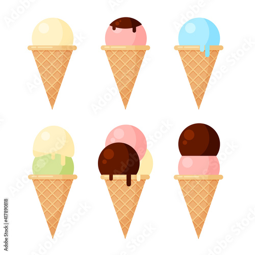 Ice cream set in a cone with different fillings in trendy cartoon style. Ice lolly collection. Vector illustration isolated on white background for web design or print. 