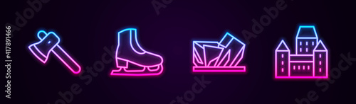 Set line Wooden axe, Skates, Royal Ontario museum and Chateau Frontenac hotel. Glowing neon icon. Vector.