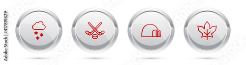 Set line Cloud with snow, Ice hockey sticks and puck, Igloo ice house and Canadian maple leaf. Silver circle button. Vector.