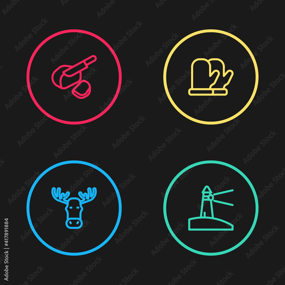 Set line Moose head with horns, Lighthouse, Christmas mitten and Peameal bacon icon. Vector. Set line Moose head with horns, Lighthouse, Christmas mitten and Peameal bacon icon. Vector.