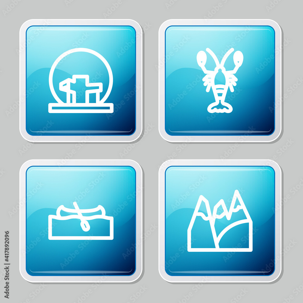 Set line Montreal Biosphere, Lobster, Kayak or canoe and Mountains icon. Vector. Set line Montreal Biosphere, Lobster, Kayak or canoe and Mountains icon. Vector.