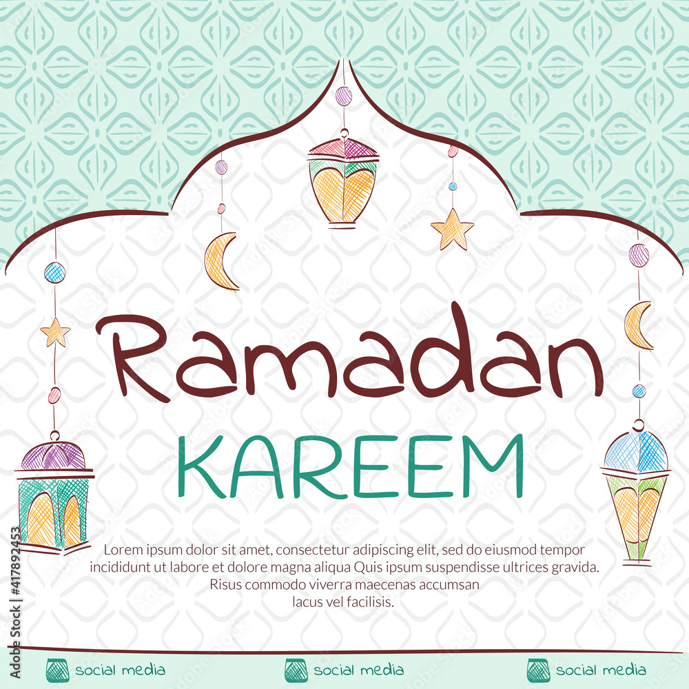 Naklejka premium Ramadan kareen, design banner for social media promotion with lanterns hanging