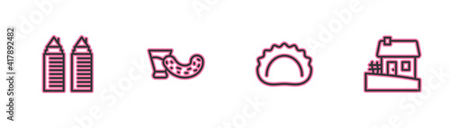 Set line Two towers in Dnipro, Dumplings, Glass with vodka and Ukrainian house icon. Vector.
