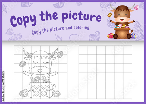 copy the picture kids game and coloring page themed easter with a cute buffalo and bucket egg