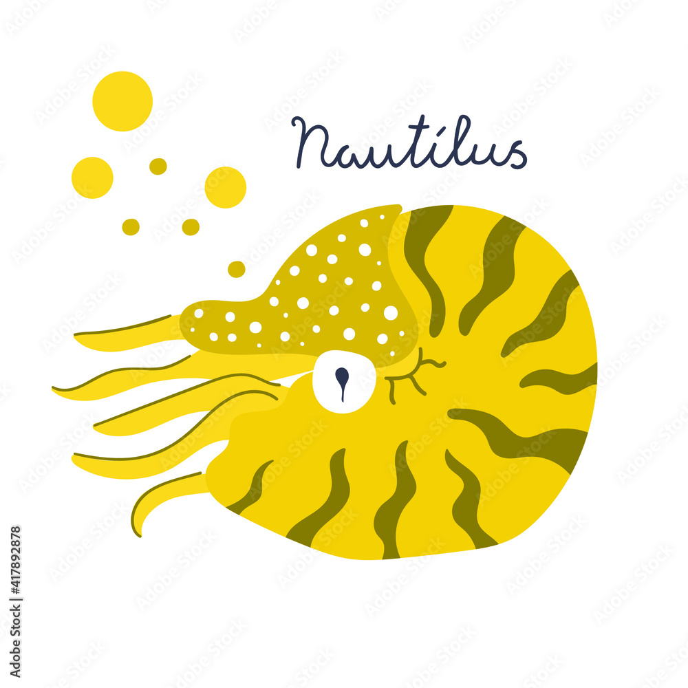 Fototapeta premium Cute hand drawn Nautilus in the shell. Underwater, sea nature concept. Flat illustration.