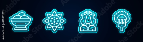 Set line Varenyky in a bowl, Sunflower, Ukrainian woman and Dumplings on fork. Glowing neon icon. Vector.