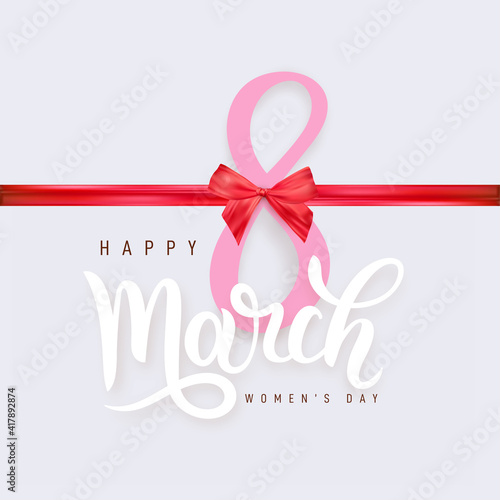 8 March. Happy International Women's Day. Decoration red bow with horizontal ribbon on white background. Ideal for social media, web, landing page, offer, ad, print. Realistic vector illustration.