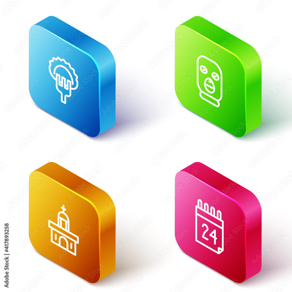 Set Isometric line Dumplings on fork, Thief mask, Church building and Independence day of Ukraine icon. Vector. Set Isometric line Dumplings on fork, Thief mask, Church building and Independence day of Ukraine icon. Vector.