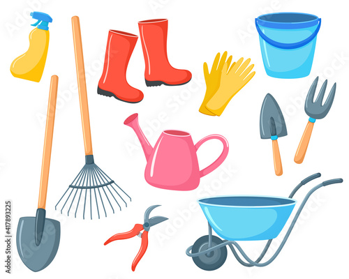 Vector set of gardening tools in cartoon style. Illusion isolated on white background. Bright colored garden wheelbarrow, boots, shovels

