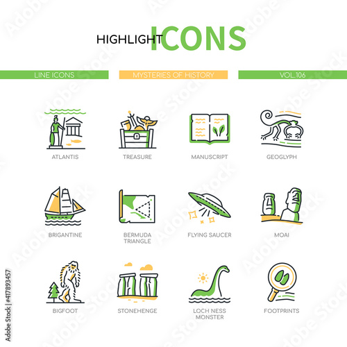 Mysteries of history - line design style icons set