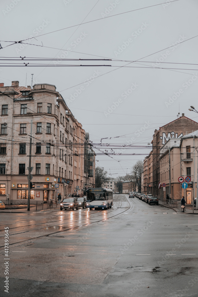 Busy street in Riga, Latvia in a rainy day.