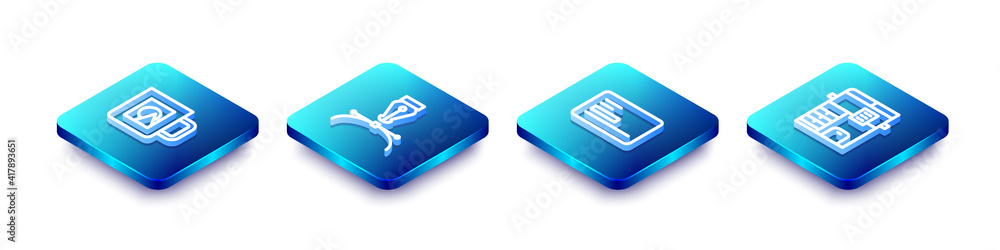 Set Isometric line Coffee cup, Fountain pen nib, Business card and Copy machine icon. Vector. Set Isometric line Coffee cup, Fountain pen nib, Business card and Copy machine icon. Vector.
