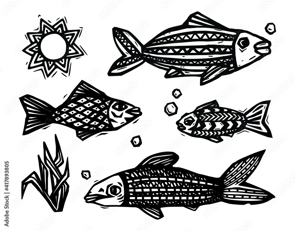 Doodle vector engravings of fish . A set of simple funny fish with bubbles swimming in water. Doodle vector engravings of fish . A set of simple funny fish with bubbles swimming in water.