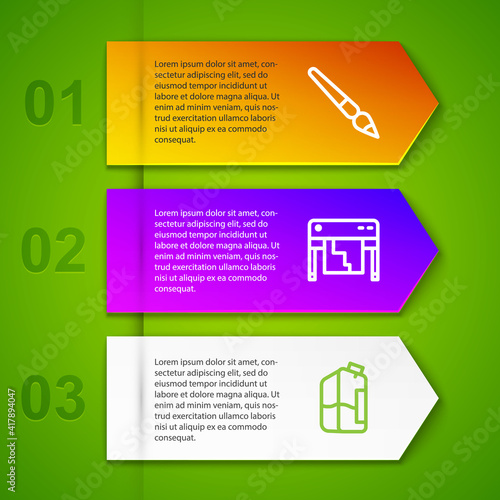 Set line Paint brush, Plotter and Printer ink bottle. Business infographic template. Vector.