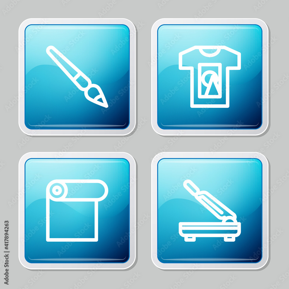 Set line Paint brush, T-shirt, Roll of paper and Paper cutter icon. Vector. Set line Paint brush, T-shirt, Roll of paper and Paper cutter icon. Vector.