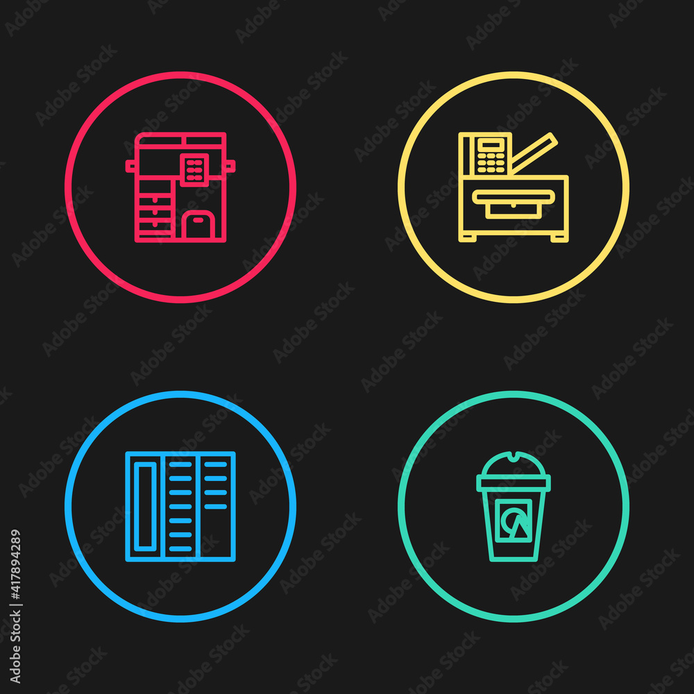 Set line Brochure, Coffee cup to go, Copy machine and icon. Vector.