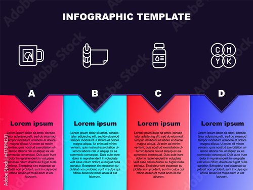 Set line Coffee cup, Roll paper, Printer ink bottle and CMYK color mixing. Business infographic template. Vector.