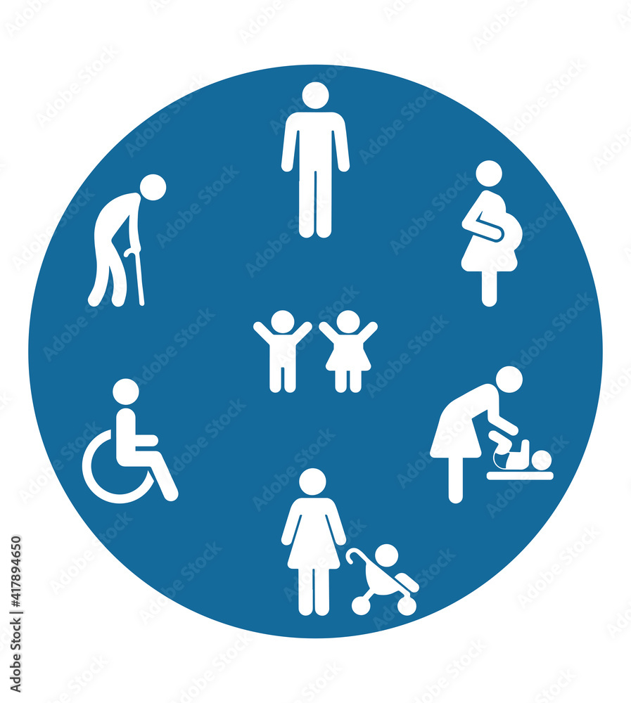 Priority Symbols for Disabled Passenger: Elderly passenger, Pregnant, Old man, Woman with infant child and baby wheelchair, orthopedic crutches. Human mobility vector signs. Disabled toilet symbol. Pr Priority Symbols for Disabled Passenger: Elderly passenger, Pregnant, Old man, Woman with infant child and baby wheelchair, orthopedic crutches. Human mobility vector signs. Disabled toilet symbol. Pr