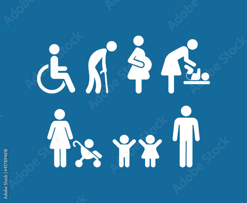 Priority Symbols for Disabled Passenger: Elderly passenger, Pregnant, Old man, Woman with infant child and baby wheelchair, orthopedic crutches. Human mobility vector signs. Disabled toilet symbol. Pr