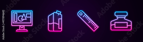 Set line Computer monitor screen, Printer ink bottle, Ruler and Ink. Glowing neon icon. Vector.