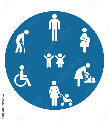 Priority Symbols for Disabled Passenger: Elderly passenger, Pregnant, Old man, Woman with infant child and baby wheelchair, orthopedic crutches. Human mobility vector signs. Disabled toilet symbol. Pr
