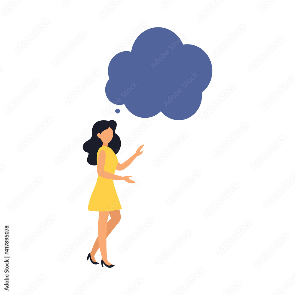 Illustration, flat style, woman thinks. Woman with thoughts on a white background. Illustration, flat style, woman thinks. Woman with thoughts on a white background.