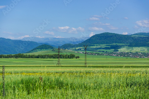 Alpine landscape with village and field  Armenia