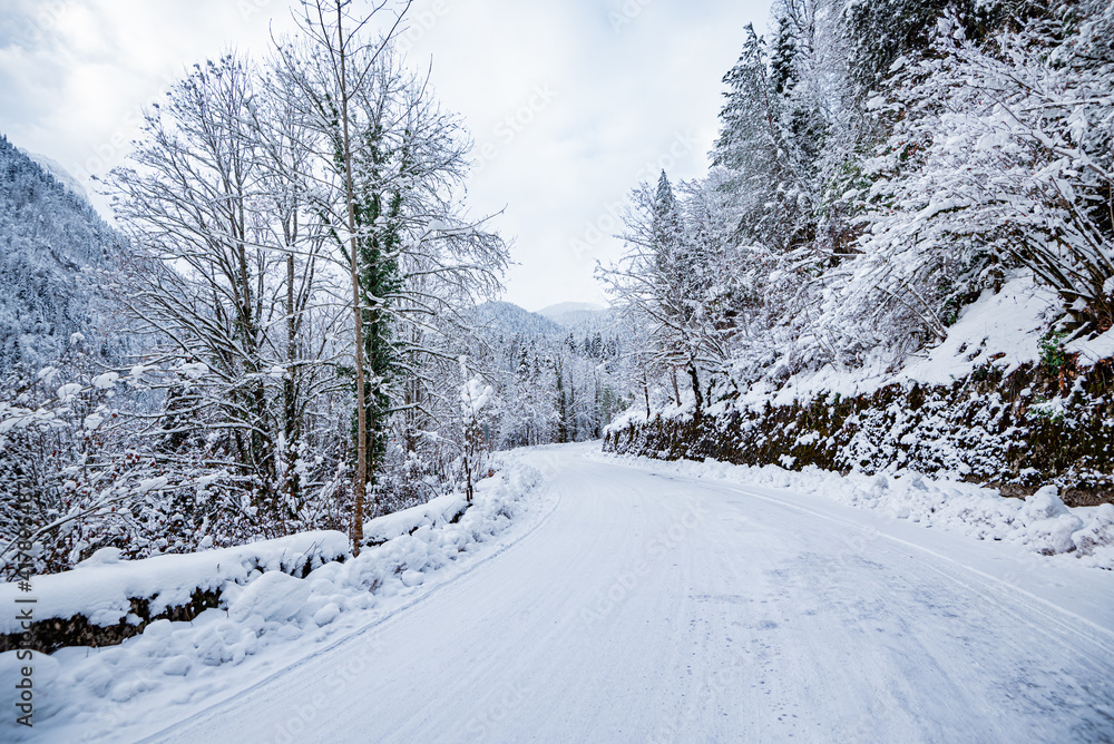 Mountain Road Winter Landscape Snow Path Automobile road Mountain Road Winter Landscape Snow Path Automobile road