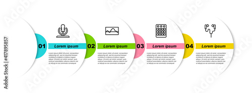 Set line Microphone, Music wave equalizer, Drum machine and Air headphones. Business infographic template. Vector.