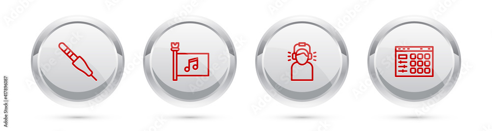 Set line Audio jack, Music festival flag, Man in headphones and Drum machine. Silver circle button. Vector. Set line Audio jack, Music festival flag, Man in headphones and Drum machine. Silver circle button. Vector.