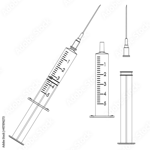 Medical syringe and component parts for the assembly of the syringe: needle, plastic cylinder, plunger. Illustrations set. Black vector lines isolated on transparent background.