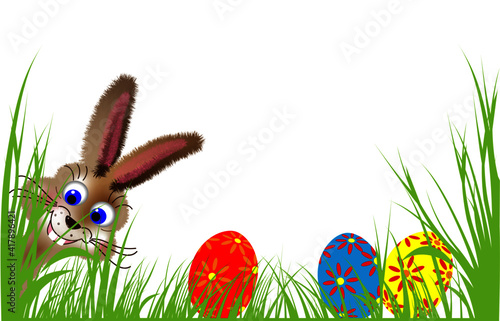 osterhase hinter gras mit ostereiern