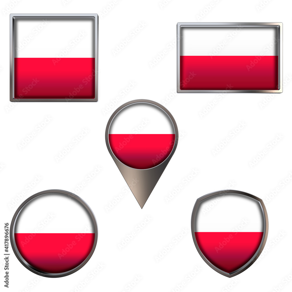 Various flags of the Republic of Poland. Realistic national flag in point circle square rectangle and shield metallic icon set. Patriotic 3d rendering symbols isolated on white background. Various flags of the Republic of Poland. Realistic national flag in point circle square rectangle and shield metallic icon set. Patriotic 3d rendering symbols isolated on white background.