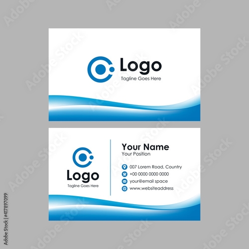 Abstract smooth business card with blue wavy mesh gradient background design, professional blue stylish name card template vector