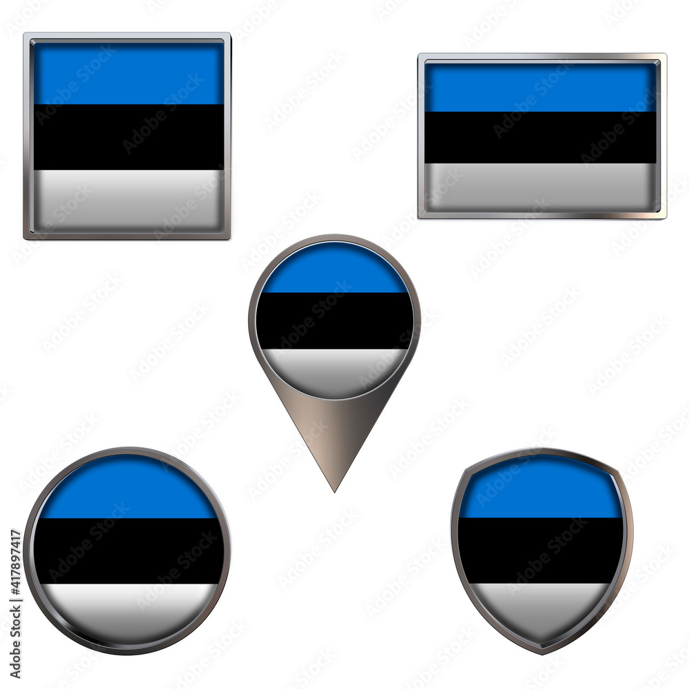 Various flags of the Republic of Estonia. Realistic national flag in point circle square rectangle and shield metallic icon set. Patriotic 3d rendering symbols isolated on white background. Various flags of the Republic of Estonia. Realistic national flag in point circle square rectangle and shield metallic icon set. Patriotic 3d rendering symbols isolated on white background.