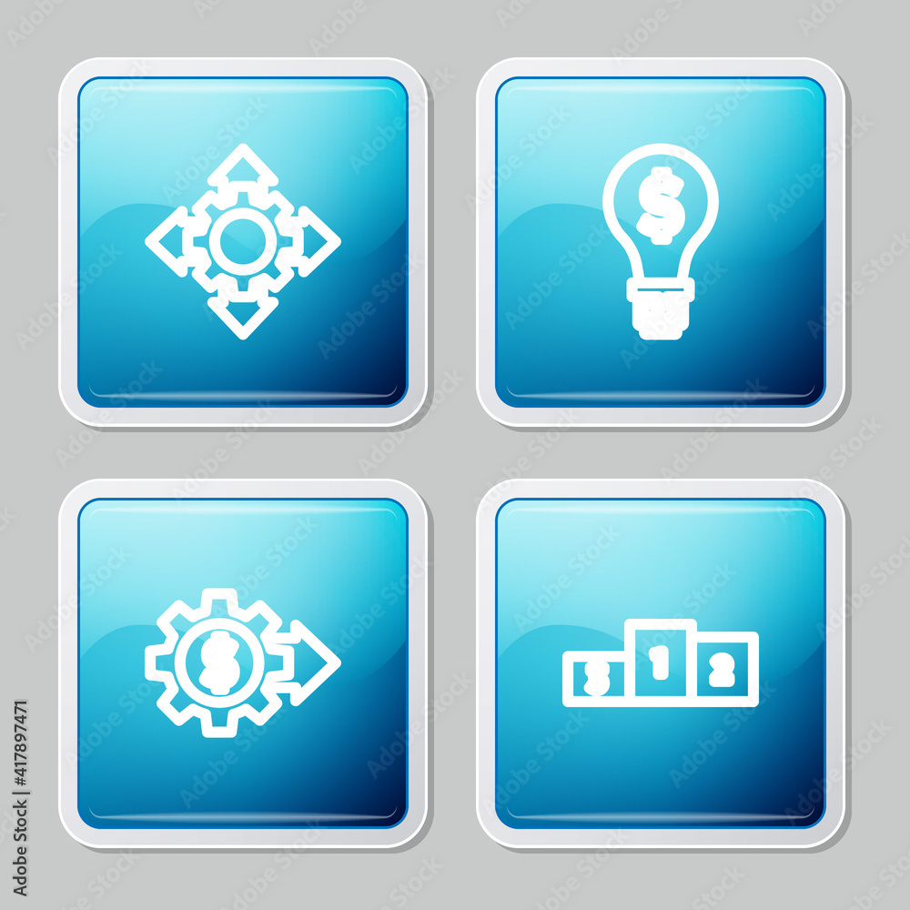 Set line Project team base, Light bulb with dollar, Gear and Business podium icon. Vector. Set line Project team base, Light bulb with dollar, Gear and Business podium icon. Vector.