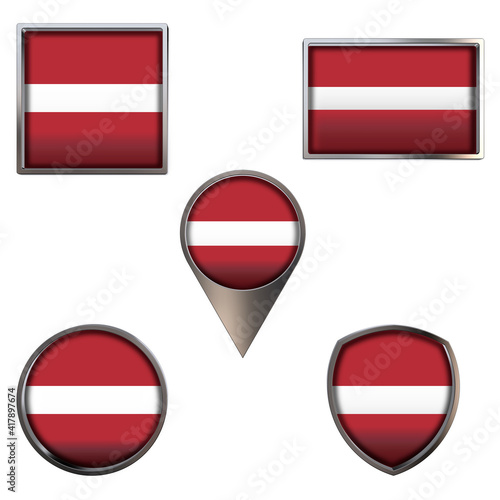 Various flags of the Republic of Latvia. Realistic national flag in point circle square rectangle and shield metallic icon set. Patriotic 3d rendering symbols isolated on white background. Free Download Various flags of the Republic of Latvia. Realistic national flag in point circle square rectangle and shield metallic icon set. Patriotic 3d rendering symbols isolated on white background. - GFXLoad
