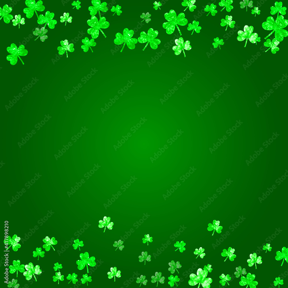 St patricks day background with shamrock. Lucky trefoil confetti. Glitter frame of clover leaves. Template for flyer, special business offer, promo. Festal st patricks day backdrop. St patricks day background with shamrock. Lucky trefoil confetti. Glitter frame of clover leaves. Template for flyer, special business offer, promo. Festal st patricks day backdrop.