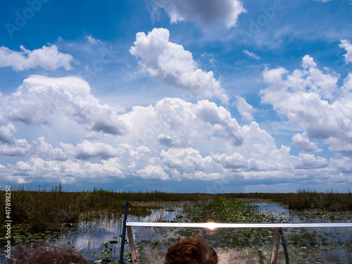 The Everglades are subtropical wetlands in the southern portion of the U.S. state of Florida, comprising the southern half of a large watershed. It is infested with alligators, pythons, and .airboats photo