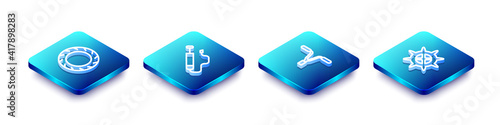 Set Isometric line Bicycle wheel tire, air pump, handlebar and sprocket crank icon. Vector.