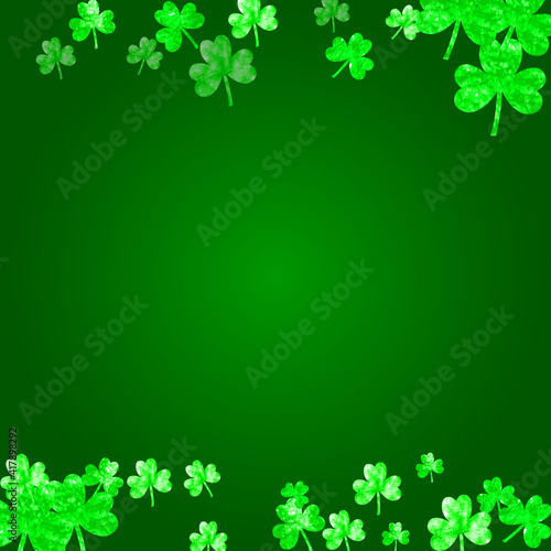 Shamrock background for Saint Patricks Day. Lucky trefoil confetti. Glitter frame of clover leaves.. Template for gift coupons  vouchers  ads  events. Festal shamrock background.