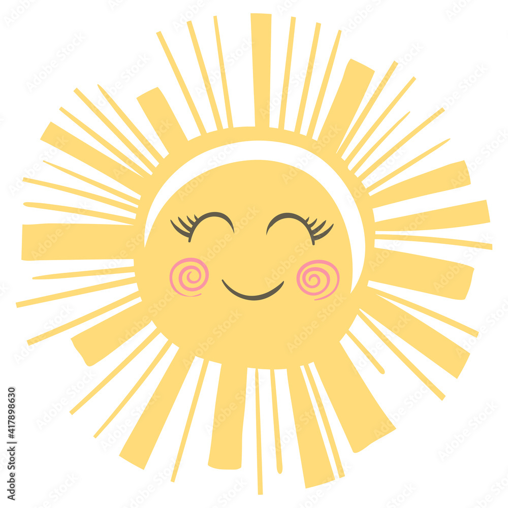 Children's sun with a smile. In soft pastel colors. For fabrics, children's rooms, toys, prints, etc. Isolated on a white background Children's sun with a smile. In soft pastel colors. For fabrics, children's rooms, toys, prints, etc. Isolated on a white background