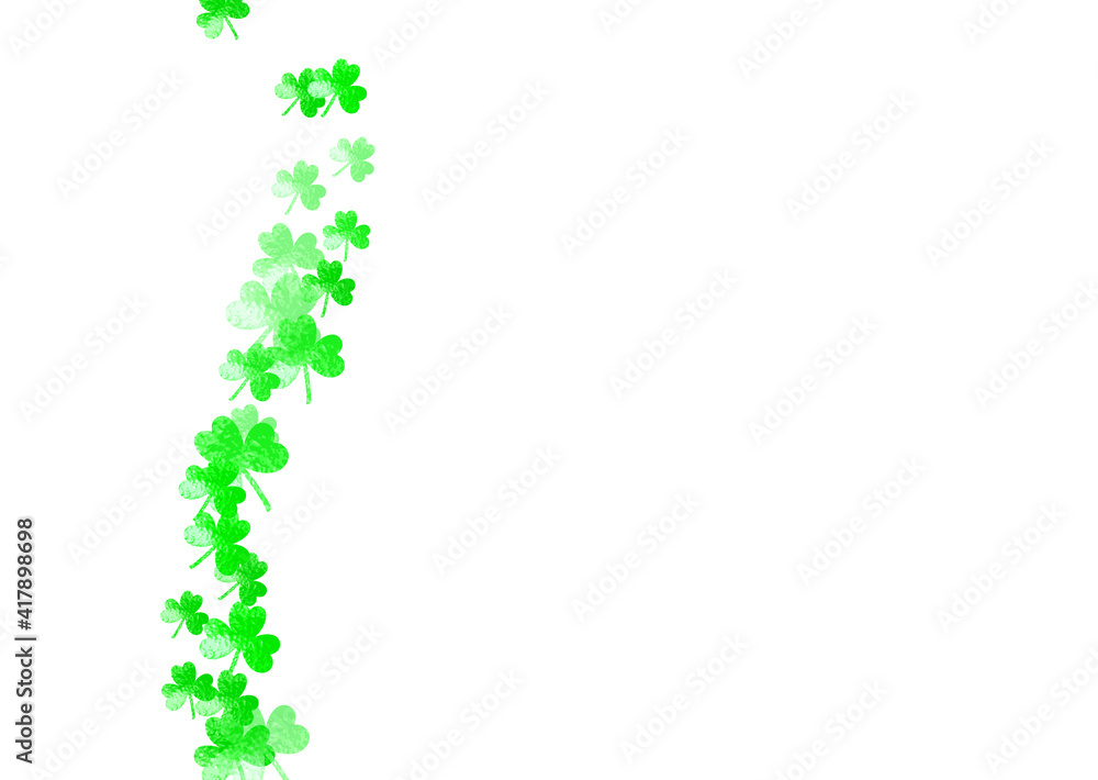St patricks day background with shamrock. Lucky trefoil confetti. Glitter frame of clover leaves. Template for gift coupons, vouchers, ads, events. Festal st patricks day backdrop