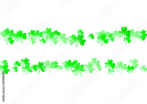 Saint patricks day background with shamrock. Lucky trefoil confetti. Glitter frame of clover leaves. Template for party invite, retail offer and ad. Merry saint patricks day backdrop. © Holo Art