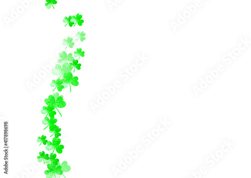 St patricks day background with shamrock. Lucky trefoil confetti. Glitter frame of clover leaves. Template for gift coupons, vouchers, ads, events. Festal st patricks day backdrop