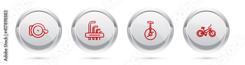 Set line Bicycle bell, Tool allen keys, Unicycle or one wheel bicycle and . Silver circle button. Vector.