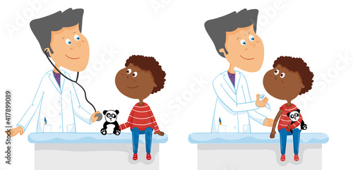 Docteur homme vaccine garçon. Vaccination et visite médicale enfant dessin. Illustration médicale vectorielle.