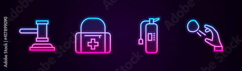 Set line Judge gavel, First aid kit, Fire extinguisher and Hooligan shooting stones. Glowing neon icon. Vector.