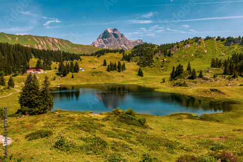 The lake Körbersee, a high mountain lake on the Hochtann Mountain Pas in the Austrian state of Vorarlberg.